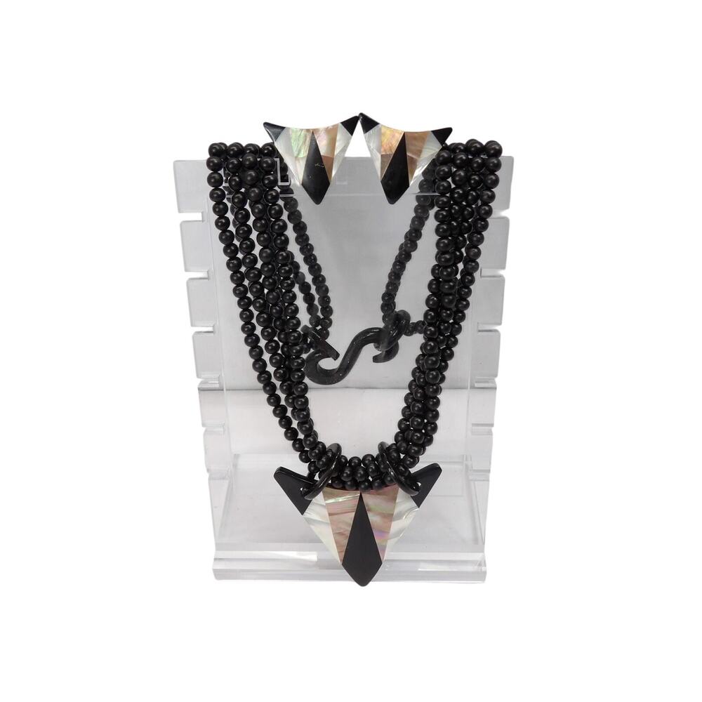 Vintage 1980's Black with Mother of Pearl Inlay Statement Necklace & Earring Set